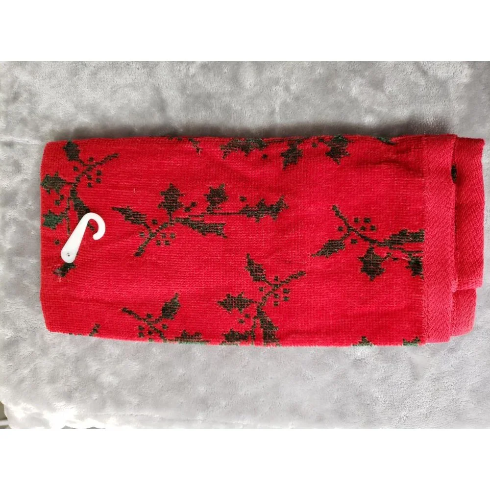 Peachtree Christmas Holly Festive embroidered Gold Red‎ Kitchen Hand towel